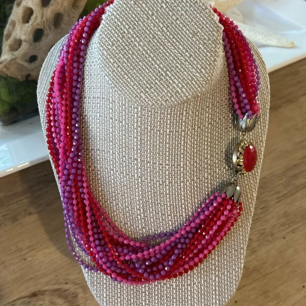 Vintage multi strand purple pink red beaded necklace with decorative clasp